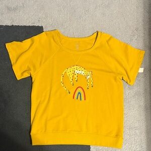 Anthropologie Graphic Yellow Short Sleeved Shirt with Rainbow and Leopard Design